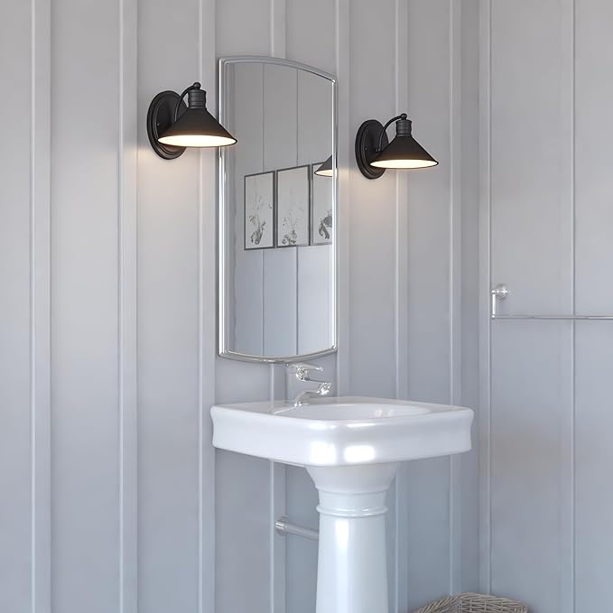 VAXCEL Akron 1-Light 8 inch Wide Oil Rubbed Bronze and Matte White Farmhouse Bathroom Vanity Lighting Fixture, Metal Shade, Dimmable, LED Compatible, Wall Mounted Steel Sconce