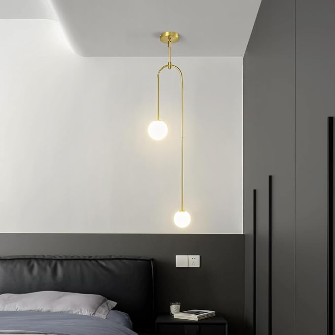 Modern Milk Glass Pendant Light 2 Light Mid Century Chandelier Small Glass Globe Gold Pendant Lights for Kitchen Island Bedroom Dining (Metal Tube Removable, 1 Pack)