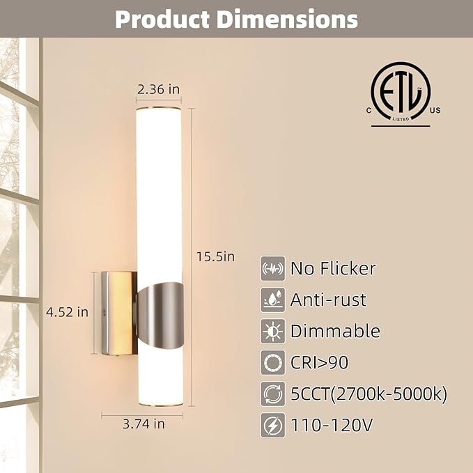 Wall Sconces Set of Two Brushed Nickel 5CCT Dimmable Bathroom Sconce with Acrylic Shade LED Hardwired Wall Light Fixtures for Bathroom Living Room Bedroom Hallway, 2 Packs