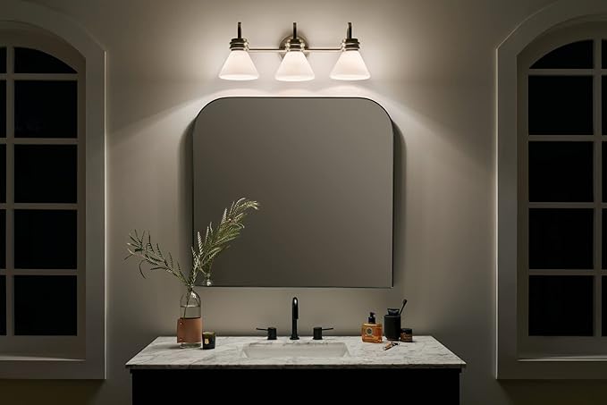 Kichler Farum 26" 3-Light Bathroom Vanity Light Fixture with Opal Glass in Champagne Bronze for Mirror, Modern Wall Mount Over Single or Double Vanity (26" W x 9.5" H), 55155CPZ