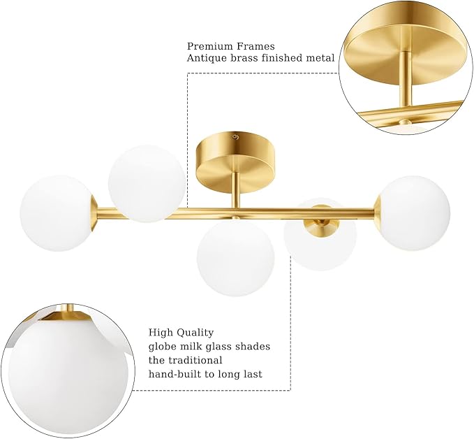Bathroom Vanity Lights, 5-Light Bathroom Light Fixtures, Mid Century Modern Brass Bathroom Light Ceiling Light, Wall Sconces Semi-Flush Mount Light Fixture with Milk Globe Glass, Brass Gold, G9 Base