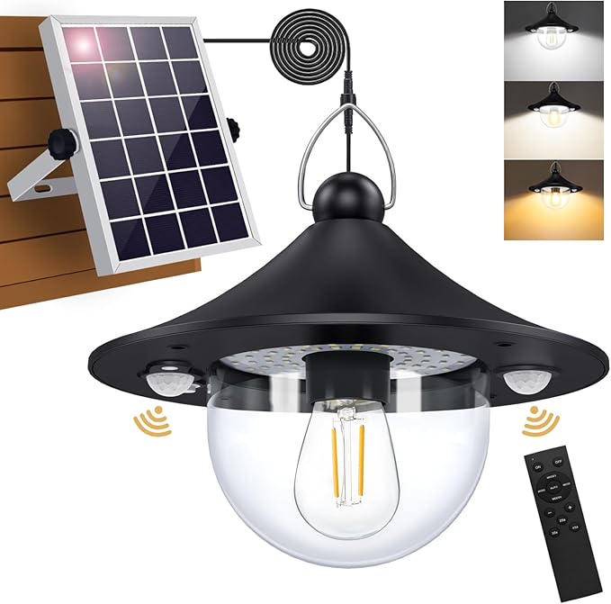 Auzev Solar Shed Light Indoor Outdoor Pendant Lights Solar Powered with 2 Motion Sensor, Waterproof Solar Hanging Lamp for Porch, Inside Home, Farmhouse, Gazebo, Chicken Coop, Daytime Available