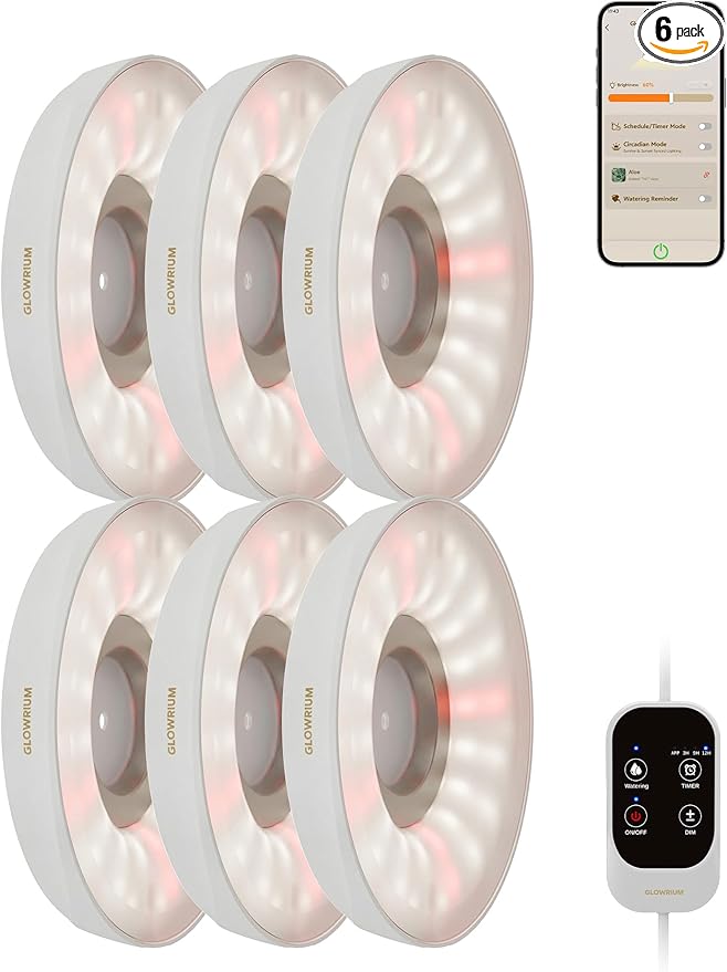 GLOWRIUM Grow Lights for Indoor Plants, Full Spectrum Puck Grow Light with Manual & APP Control, 48W(6 x 8W) Plant Lamp Auto-Timer, Plant Assistant 10 Levels Dimmable for Plant Shelf (6 Packs,White)