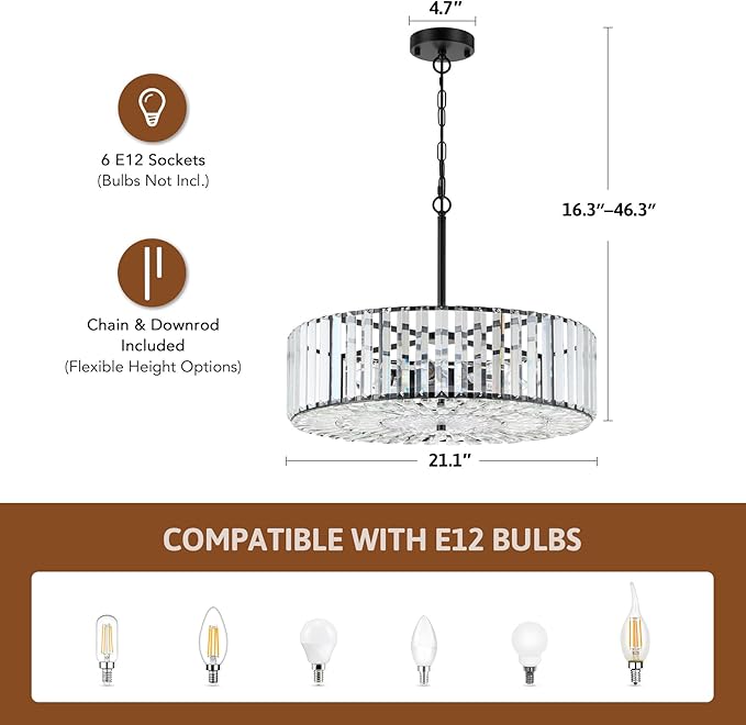 VONLUCE Cystal Ceiling Light Fixture, 6-Light Semi Flush Ceiling Light with Crystal Prisms, 21 in. Chandelier for Dining Room Bedroom Entryway, Kitchen, Black Metal Canopy, ETL Certificated