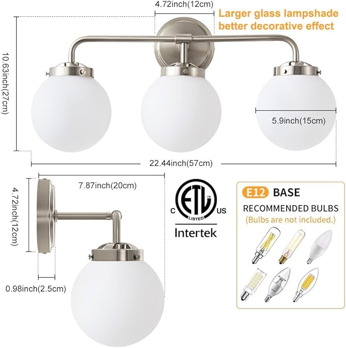 Bathroom Light Fixtures Over Mirror, Brushed Nickel Modern Vanity Lights with Milk White Glass Globe Shades 3-Light Farmhouse Wall Sconce Lighting
