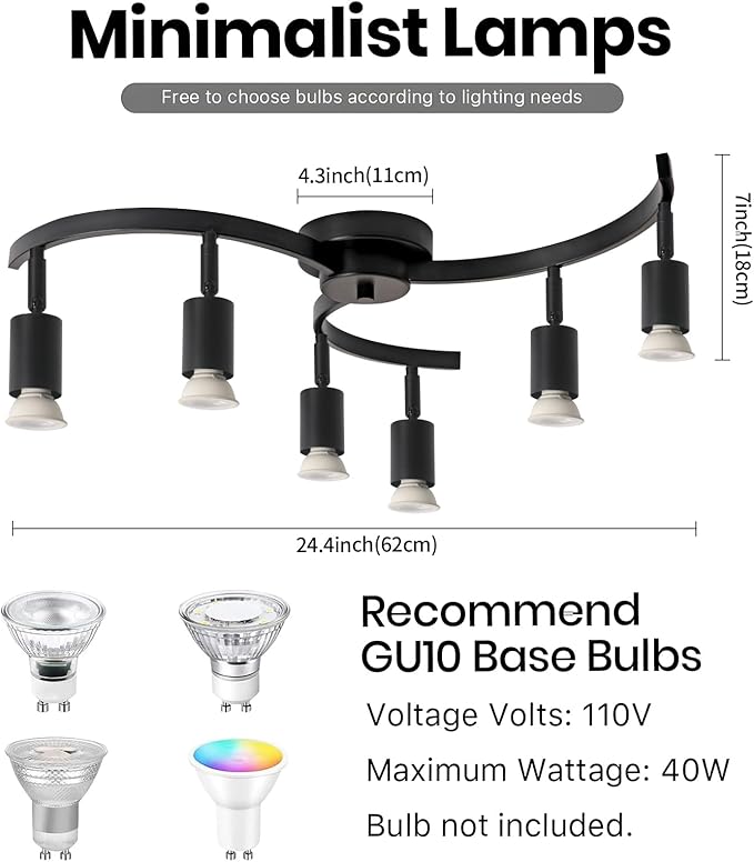 SEEBLEN 6 Light Track Lighting Fixtures Ceiling, Flexibly Rotatable Light Heads, Black Semi Flush Mount Ceiling Light for Kitchen Dining Room Living Room.Gu10 Bulb Base.