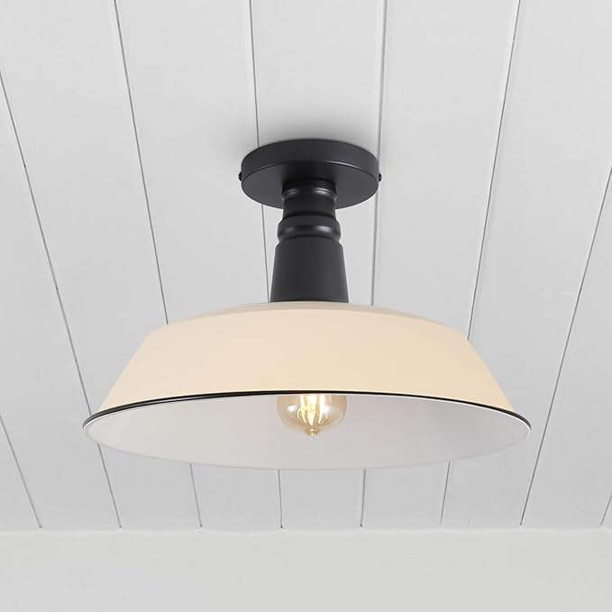 JONATHAN Y 14" Matte Almond/Black 1-Light Industrial LED Semi Flush Mount Ceiling Light for Porch, Kitchen, Entryway, Modern Farmhouse Iron Fixture, White Metal Shade, LED Bulb Included (JYL7617J)