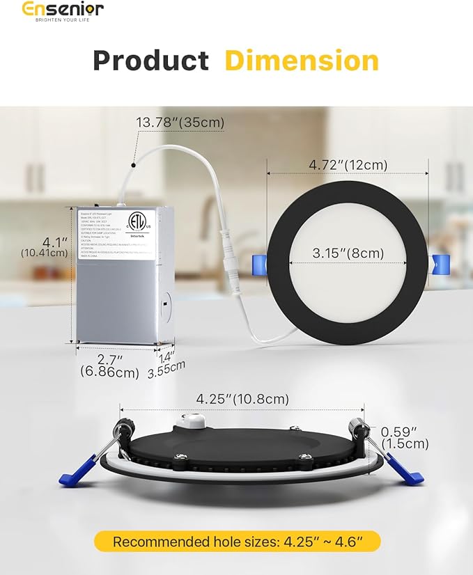 Ensenior 6 Pack 4 Inch LED Recessed Light, Dimmable, 2700K-5000K 5CCT, 750LM High Brightness, 9W 120V, Damp Rated, Ultra-Thin Canless Wafer Light, Black - ETL & FCC & IC