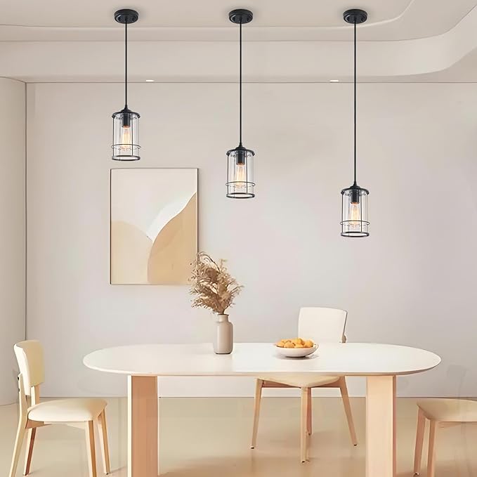 AKEZON Black Pendant Light Kitchen Island Glass Pendant Light Fixture, Kitchen Hanging Lights with Clear Glass, Modern Farmhouse Cage Pendant Lights for Dining Room Hallway Bathroom