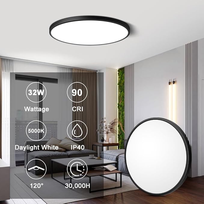 LEDLightsWorld 15.7inch 32W LED Flush Mount Ceiling Light, 5000K Daylight White LED Ceiling Light, 3800LM Bright Round Flat Panel Light, Black Ceiling Light for Bedroom, Living Room, Dining Room