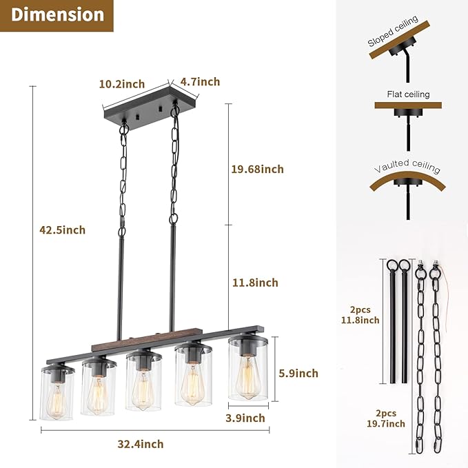 Farmhouse Dining Room Light Fixture, 2026 Upgrade 5-Light Pendant Lights Kitchen Island Lighting, 32.4" Black Farmhouse Chandeliers for Dining Room Chandelier Over Table with Wood Clear Glass Shade