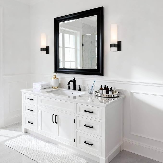 XiNBEi Lighting Black Wall Sconce, Modern Bathroom Sconce Light with White Glass Single Wall Light Fixtures for Hallway Bedroom & Living Room Corridor XB-W1185-MB