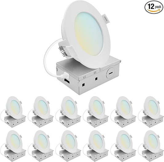 LUXRITE 4 Inch LED Recessed Light, ECO Backlit Mini Panel Spotlight, 5CCT 2700K-5000K, 1000 Lumens, High Output, 11 Watts, Dimmable, IC Rated, Wet Rated, ETL Listed, Energy Star, Round (12 Pack)