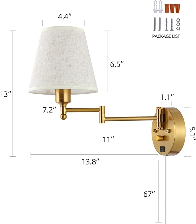 Bedside Wall Mount Light with Dimmable Switch and USB Port, Gold Swing Arm Fabric Shade Wall Sconce Light with Plug in Cord, Wall Lamp Perfect for Bedroom, Living Room and Hotel