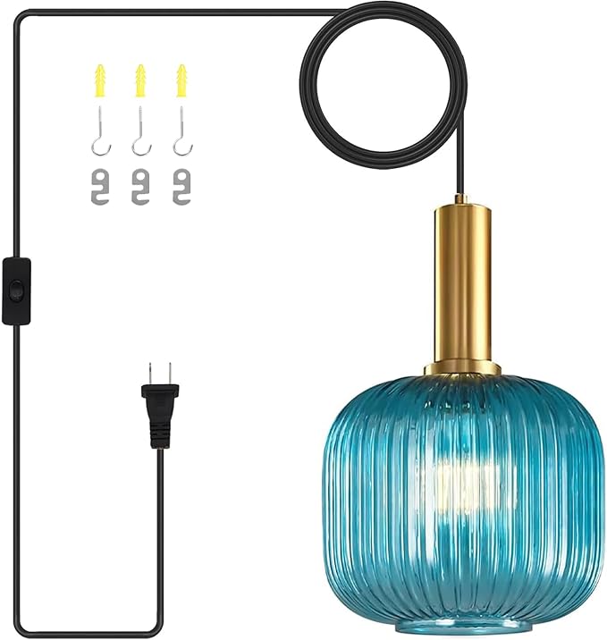 Boho Hanging Lamp, Blue Ribbed Glass Pendant Light with On/Off Switch, Coastal Style Plug in Hanging Light Adjustable Ceiling Lighting Fixture for Kitchen, Dining Room, Bedroom, Farmhouse