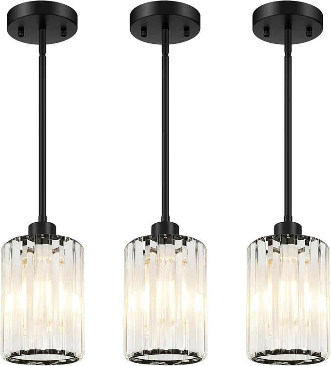 MQMQA 3 Pack Matte Black Pendant Lights Kitchen Island, Modern Crystal Chandelier Kitchen Pendant Lighting Over Island, Adjustable Hanging Mini Light Fixtures for Dining Room Hallway Corridor Bedroom