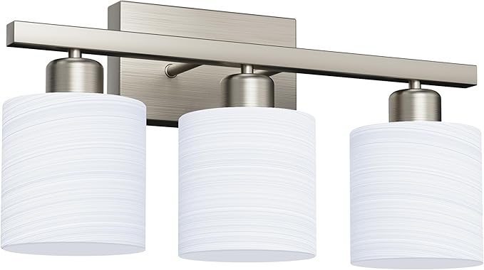 PARTPHONER Bathroom Light Fixtures, Bathroom Lighting Fixtures Over Mirror, Classic Vanity Lights, Modern Vanity Light with Textured Frosted Opal White Glass Shades, Brushed Nickel, 3-Light