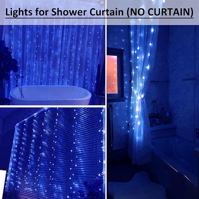 Solhice Curtain Shower Light Blue, 72 x 72 Inches Battery Operated Waterproof 180 LEDs Curtains Fairy Lights with 10 Hooks for Inside Shower (NO Curtain)