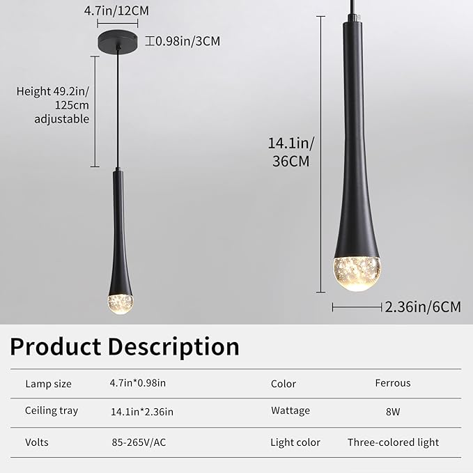 Modern Black LED Pendant Light, Kitchen Island Ceiling Hanging Lights, Teardrop Bubble Crystal, 3 Color 2700K/4500K/6500K, Bedside Small Chandeliers Lamps for Bar, Dining Room, Bathroom, Hallway