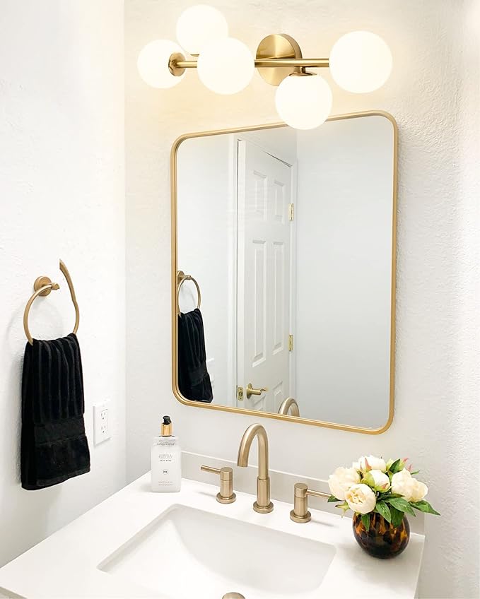 Bathroom Vanity Lights, 5-Light Bathroom Light Fixtures, Mid Century Modern Brass Bathroom Light Ceiling Light, Wall Sconces Semi-Flush Mount Light Fixture with Milk Globe Glass, Brass Gold, G9 Base