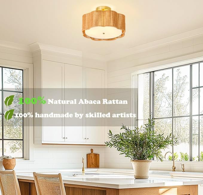 13.4" Rattan Flush Mount Ceiling Light Fixtures,3-Light Boho Light Fixtures Ceiling Mount for Bedroom,Small Rattan Chandelier,Gold Mini Chandelier Lighting for Dining Room Hallway Kitchen