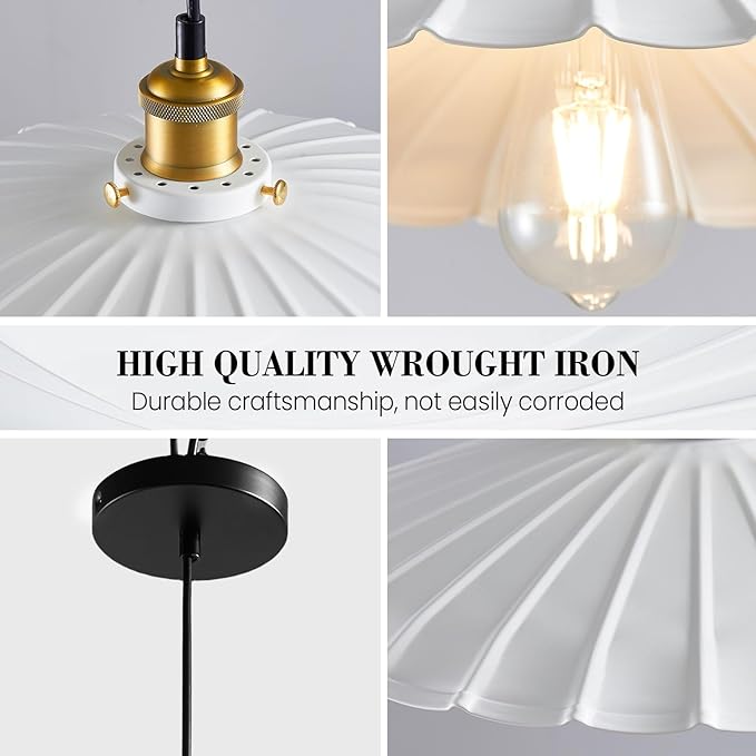 Pendant Light Fixture, White Farmhouse Vintage Pendant Light 15.7 Inch Lampshade with Adjustable Light Cord Kitchen Hanging Lights Retro Island Pendant Lights for Kitchen