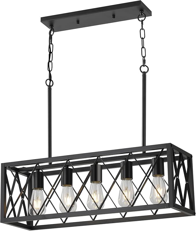 KEESFU Black Farmhouse Kitchen Island Lighting, 5 Lights Pendant Lighting Fixtures, Adjustable Height, Industrial Dining Room Light for Living Room Foyer Dining Table Over Sink.