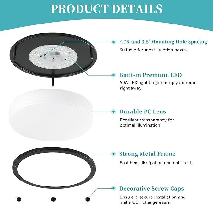 16Inch LED Ceiling Light Fixtures, Flush Mount Light Fixtures 50W, 5CCT Adjustable 2700K 3000K 4000K 5000K 6500K, Close to Ceiling Light for Kitchen Hallway Bathroom Kitchen Bedroom Black 2 Packs