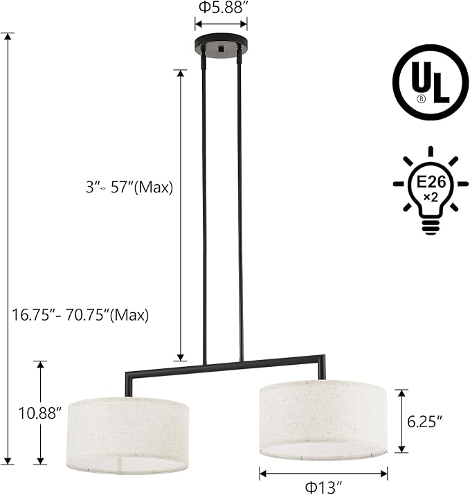 39” Modern Chandelier Off-White Fabric Shade 2-Lights Adjustable Industrial Pendant Light Large Farmhouse Contemporary Pendant Lighting Fixtures for Dining Living Room Kitchen, UL Listed
