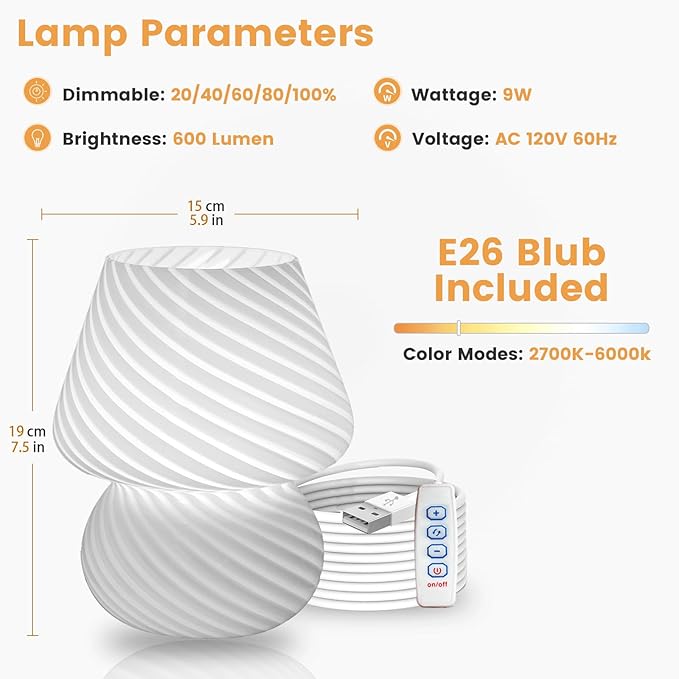 ULAROOM USB Plug-in Mushroom Lamp Small Bedside Table Lamp with 3 Temperature LED Bulb,Free Dimming Nights Light for Bedroom/Living Room/Entryway/Corner Decor (Stripe White)