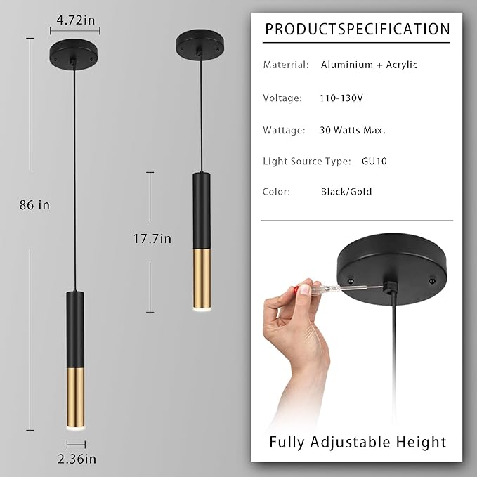 Modern Black and Gold Pendant Light Fixture for Kitchen Island, 1-Light Pendant Lighting, Lights Cord Adjustable, Matching GU10 lamp Holder,for Living Room Bedroom Dining Room