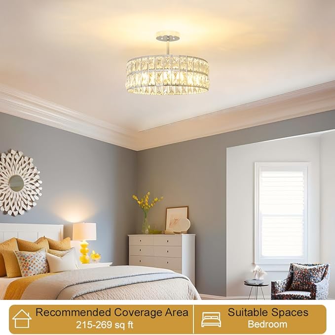 Crystal Ceiling Light Fixture, Modern Chrome Ceiling Light Chandelier, Semi Flush Mount Chandelier Lighting Fixture for Kitchen Entryway Living Room Dining Room, 5-Light, 16 Inch