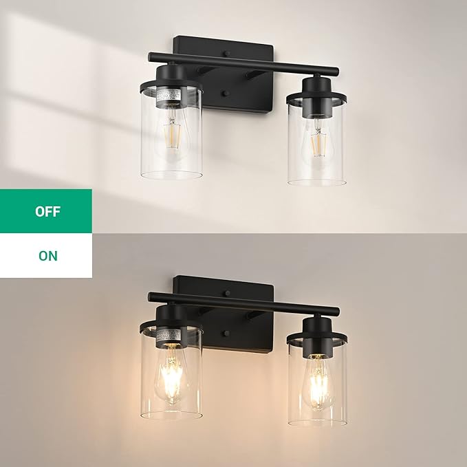 EDISHINE Bathroom Light Fixtures, 2-Light Bathroom Vanity Light with Clear Glass Shades, Matte Black Vanity Lights, Vintage Wall Sconces for Bedroom Living Room Hallway, E26 Base (Bulbs Not Included)