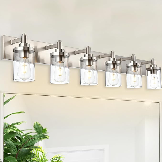 6-Light Vanity Light Fixture Modern Bathroom Light Fixtures Over Mirror, Brushed Nickel Finish with Clear Glass Wall Sconces Lighting for Bathroom Mirror Bedroom Kitchen Corridor Staircase