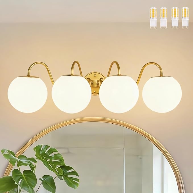 4 Lights Vintage Bathroom Vanity Light Fixtures Over Mirror, Brushed Gold Vanity Lights For Bathroom With Milk White Glass Globe Shade, Wall Lights For Bedroom, Hallway, Dressing Table(G9 Incl.)