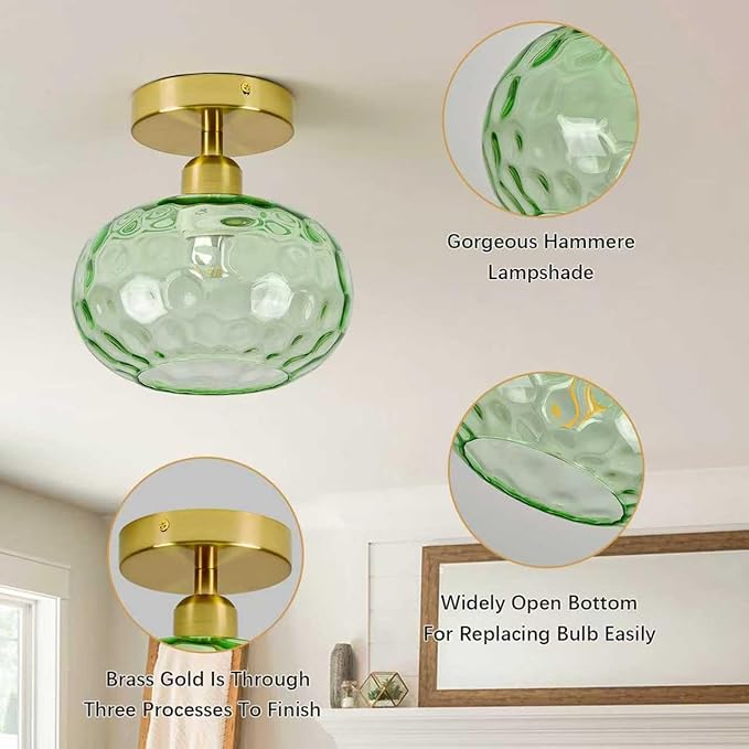 Green Glass Semi Flush Mount Ceiling Light - 7.9 Inch Hammered Art Deco Glass Small Hallway Light fixtures, Vintage Gold Flush Mount Ceiling Light for entryway Foyer Laundry Room Kitchen