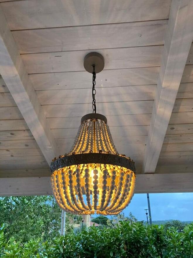 Newrays Wood Bead Chandelier Pendant Bohemian Boho Beachy Ceiling Lamp Light Fixtures (Gray White-Small, 13.58 in*15.74 in)