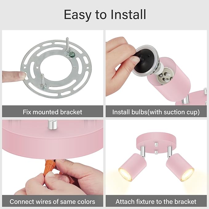 BoostArea LED 2 Light Track Lighting Kit, LED Track Lighting Fixtures, Pink Round Ceiling Spot Lighting, Flexibly Rotatable Light Head for Kitchen, Living Room, Bedroom, GU10 Bulb Not Included