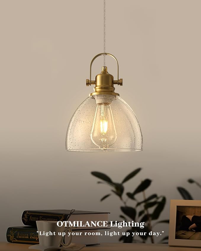 Gold Pendant Lights 2 Pack, 7.5 Inch Seeded Glass Pendant Light, Gold Farmhouse Pendant Light Kitchen Island, Glass Kitchen Pendant Lights for Kitchen Island, Dining Room, Living Room