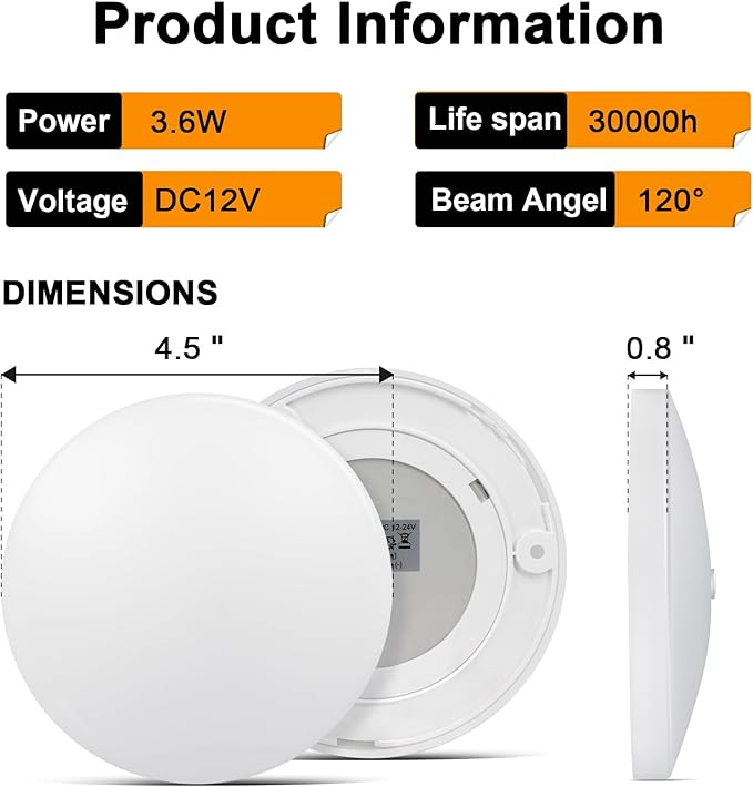 acegoo 12V LED Ceiling Dome Light, RV Interior Puck Light, 12 Volt Overhead Panel Light for Motorhome Travel Trailer Camper Van Boat, CRI 90+ Surface Mount DC 12V 6-Pack (5000K Cool White)