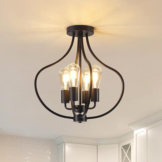 4-Light Farmhouse Semi Flush Mount Ceiling Light,Modern Rustic Metal Industrial Ceiling Light Fixture,Black Chandelier for Kitchen Island Dining Room Bedroom Living Room Foyer Hallway Entryway