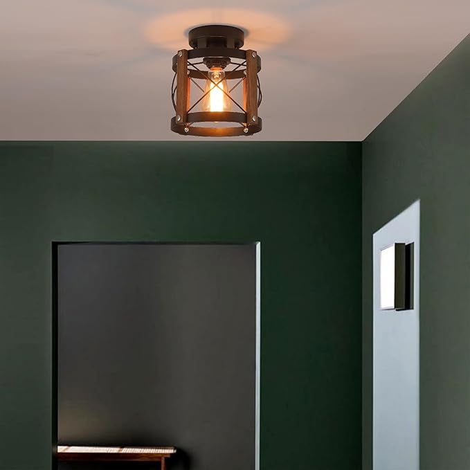 Rustic Farmhouse Wood Flush Mount Ceiling Light Fixture Oak Wood and Metal Round Cage Small Semi Flush Mount Ceiling Light for Kitchen Entry Bedroom Country Hallway Farmhouse, Black