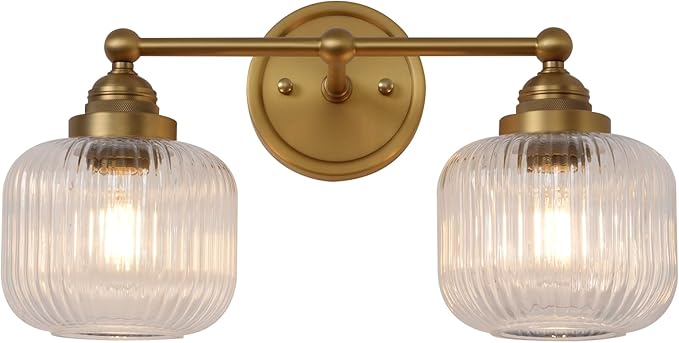 Vintage 2-Lights Clear Ribbed Glass Wall Sconce Lighting Brass Finished, Double Head Bathroom Vanity Light Fixture for Bedroom Living Room Dining Room Hallway