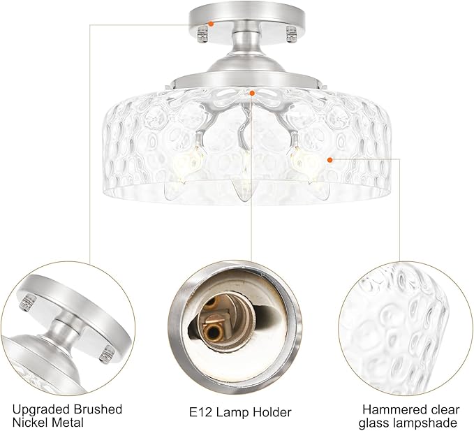 Brushed Nickel Semi Flush Mount Ceiling Light, 3-Light Ceiling Light with Hammered Glass, Vintage Hallway Light Fixtures, Kitchen Flush Ceiling Mount for Entryway Bedroom Bathroom,E12