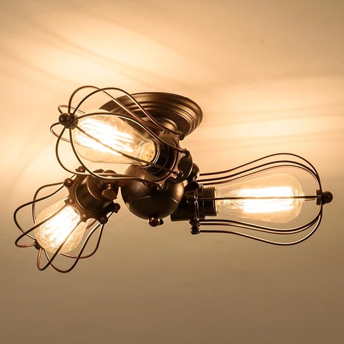 Luling Vintage Ceiling Light Industrial, Chandeliers Adjustable Socket Metal Wire Cage Lamp Semi-Flush Mount Rustic Ceiling Light Metal Lamp Fixtures (No Bulb) (with 3 Light) (Rust Color) (Rust)