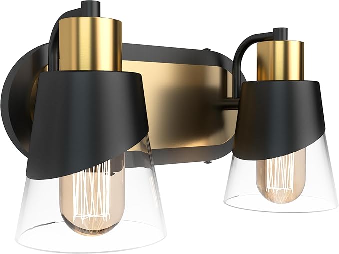 URSOLA 2 Lights Bathroom Vanity Light, Bathroom Lighting Fixtures Over Mirror, 13.8 inch Bathroom Light Fixtures Black and Gold with Bevelled Edge and Clear Glass Shade Wall Lamp