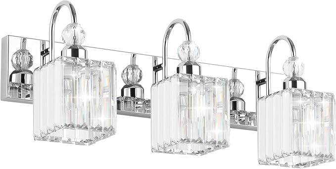 Ralbay Chrome Crystal Bathroom Vanity Light - 3-Lights, 24" Modern Wall Light Fixtures