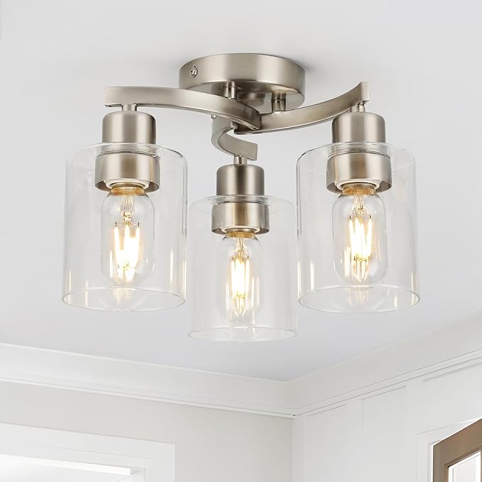 WILON Semi Flush Mount Ceiling Light Fixture, 3-Light Brushed Nickel Light Fixture with Clear Glass Shade, Modern Chandelier Small Ceiling Lamp for Kitchen Hallway Entry Way Bedroom Foyer Dining Room