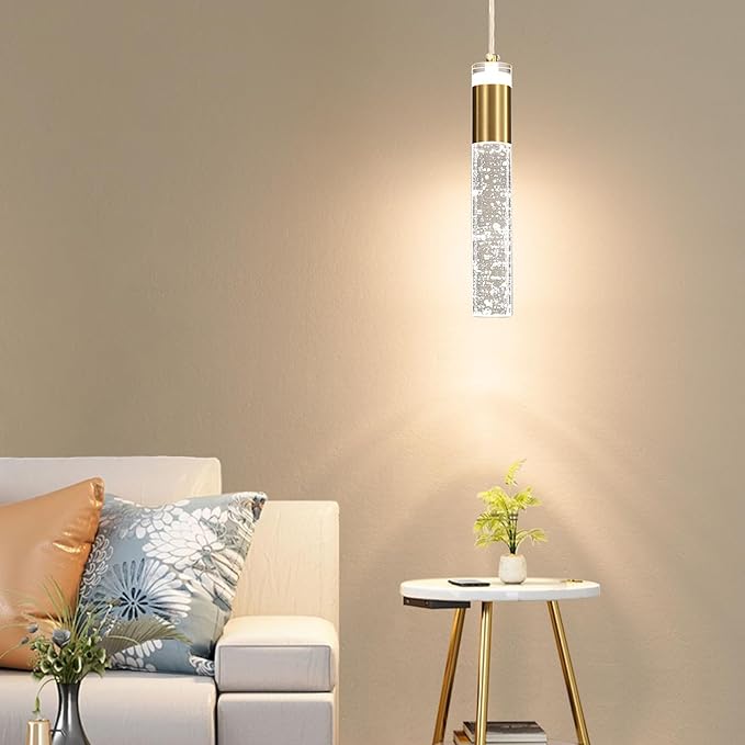 Modern Kitchen Island Pendant Lights, Gold Bubble Crystal Ceiling Hanging Light, 3 Color 2700K/4500K/6500K, Mini Linear LED Chandelier Lighting for Dining Room, Bedroom, Bar, Hallway, Bedside