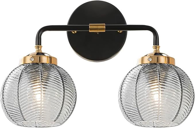 Vintage Bathroom Vanity Light Fixture Modern Wall Sconce Over Mirror with Ribbed Smoky Gray Globe Lamp Shade Mid Century Black Gold Vanity Lights Fixtures for Farmhouse Dining Room